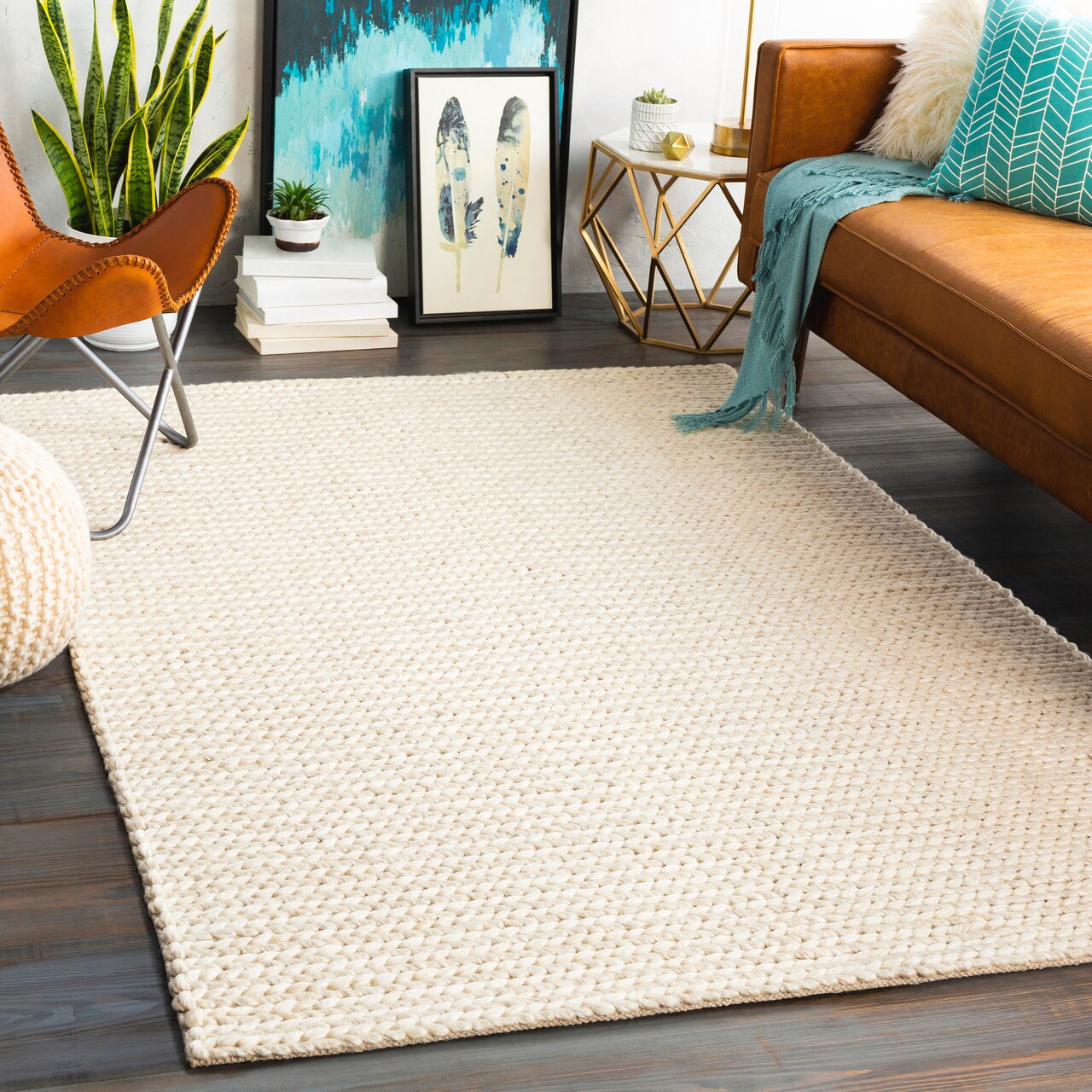 Tiwari Home 9' x 13' Braided Design Cream White and Brown Rectangular Area Throw Rug